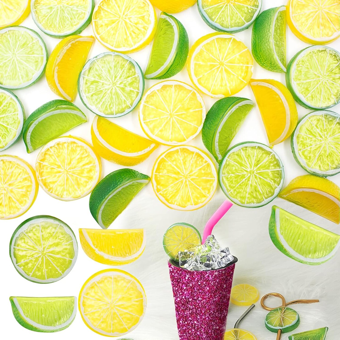 30-Piece Artificial Lemon Set – 20 Faux Lemon Slices & 10 Fake Lemon Blocks, Double-Sided Realistic Fruit for Party Décor, Vase Fillers, Tumbler Toppers, and DIY Crafts
