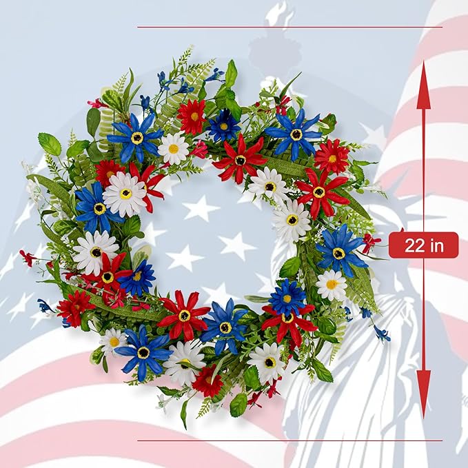 4th of July Wreath 22 Inch Independence Day Wreath Red White Blue Patriotic Wreaths for Front Door with Red White Blue Daisies for July Fourth Memorial Day Flay Day Decor