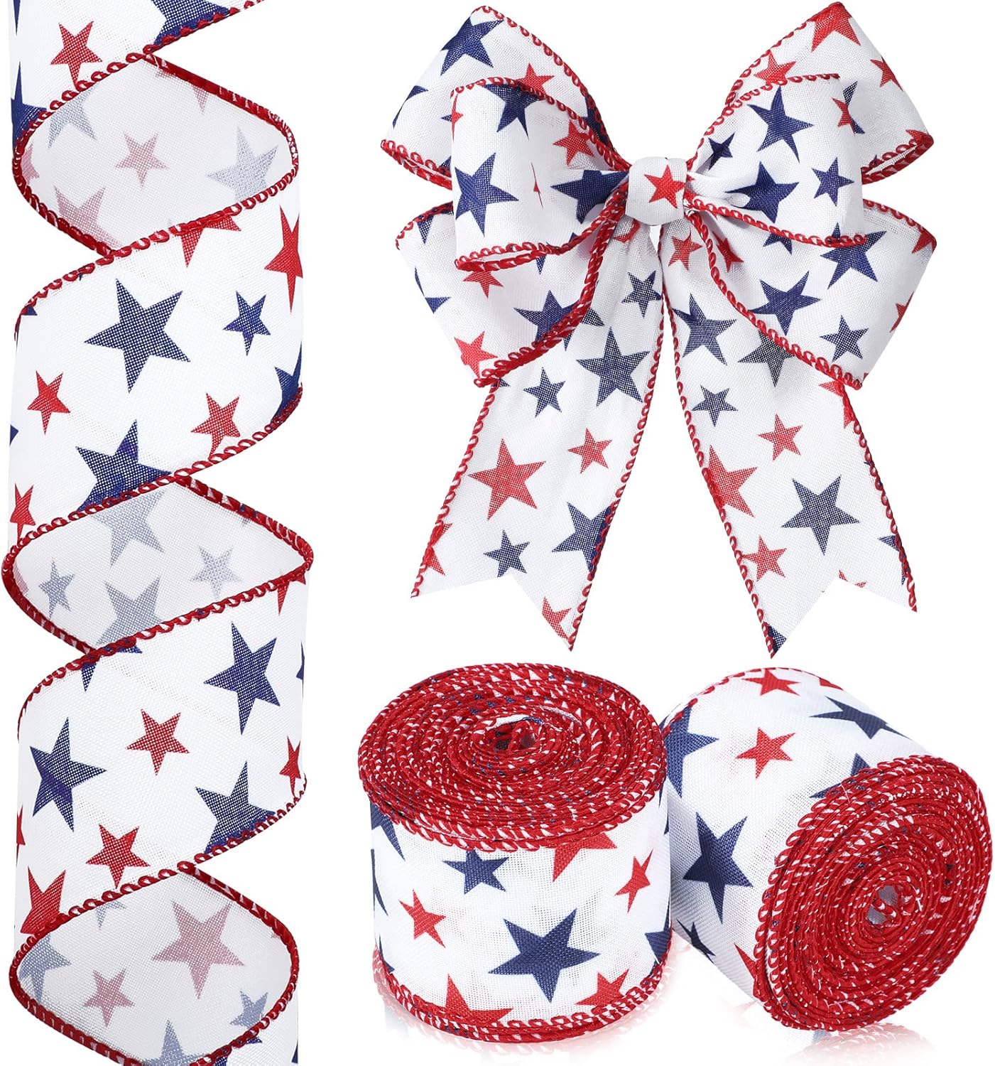 2 Rolls 20 Yards Red White Blue Ribbon Independence Day Stars Flag 4th of July Patriot Ribbon Memorial Day Decor Fabric Patriotic Patriot Labor for Party Decoration