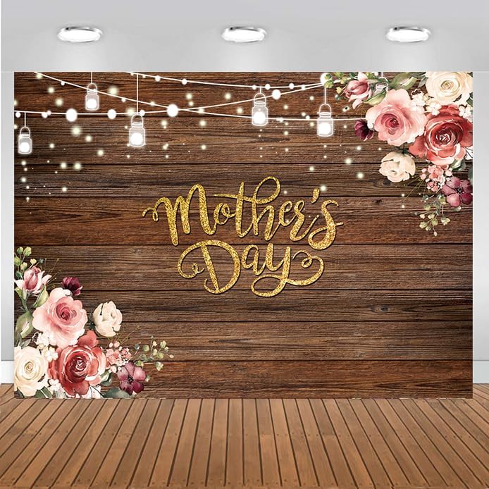 7x5ft Happy Mother’s Day Backdrop – Rustic Wood & Floral Wall Banner, Mother’s Day Decoration