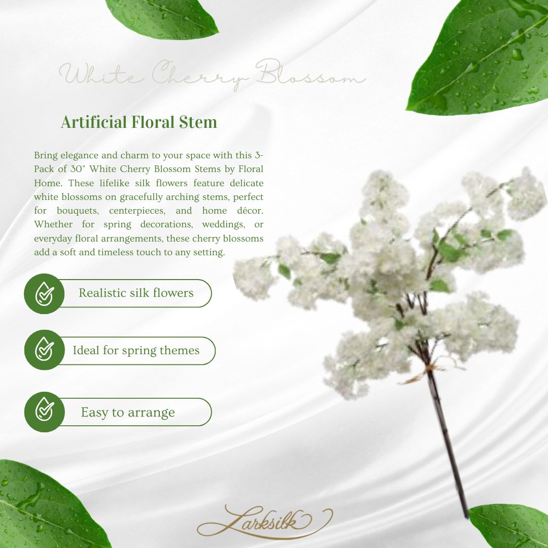 30&#x22; White Cherry Blossom Stems - 3-Pack of Lifelike Silk Flowers, Ideal for Bouquets, Centerpieces &#x26; Home Decor - Perfect Spring &#x26; Wedding Accent - Floral Home by Artificial Flowers