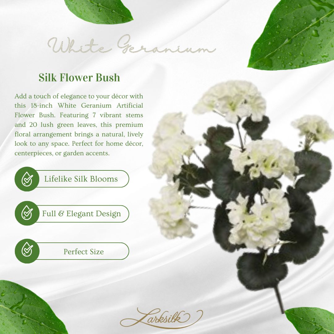 Elegant 18-Inch White Geranium Artificial Flower Bush - Premium 7-Stem Decorative Floral Arrangement with 20 Lush Leaves, Floral Home by Artificial Flowers