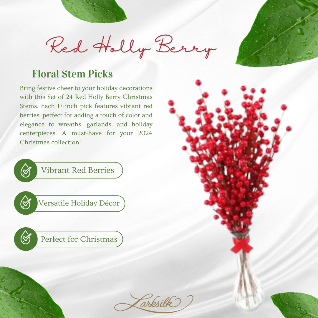 Set of 24 Red Holly Berry Christmas Stems, 17-Inch Decorative Picks for Wreaths, Garlands, and Holiday Centerpieces - 2024 Christmas Collection, Floral Home by Artificial Flowers