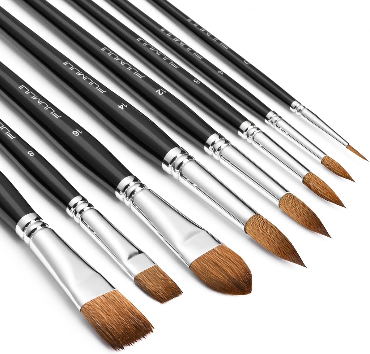 8Pcs Sable Brush Set Variety Shapes with Flat, Round Pointed, Cat's Tongue Oval Wash Perfect for Watercolor Acrylic Gouache Inks Painting