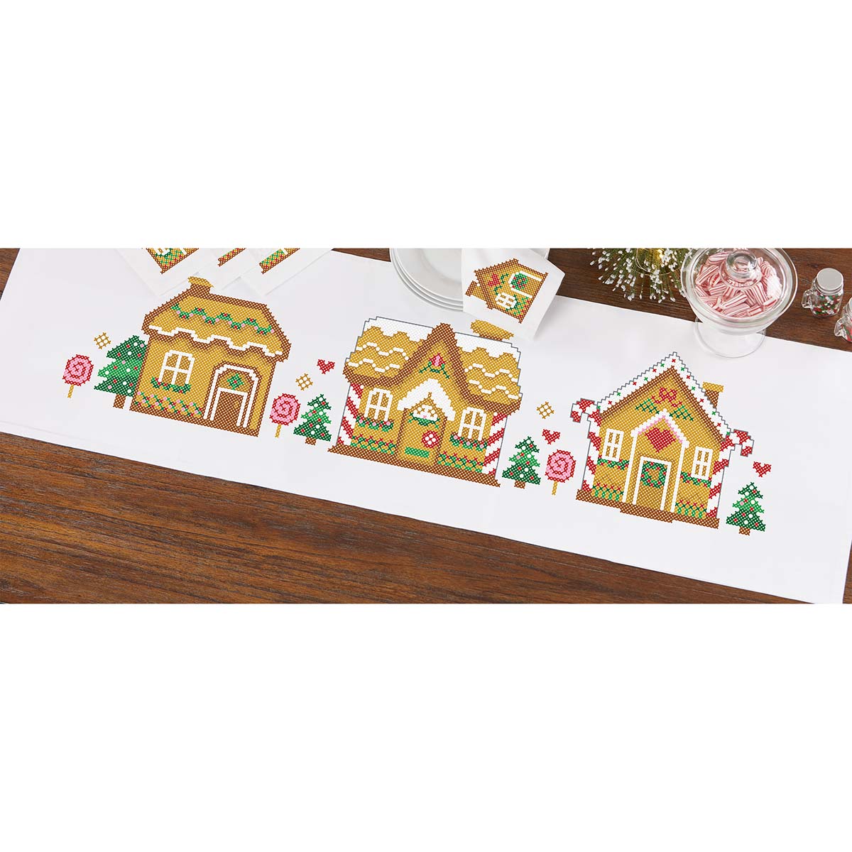 Herrschners Gingerbread Lane Table Runner Stamped Cross-Stitch