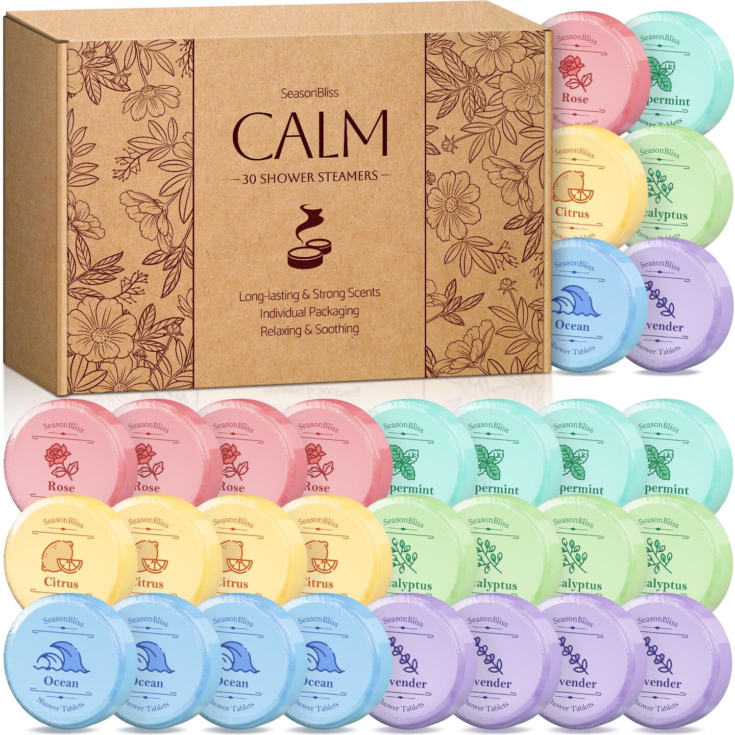 Shower Steamers 30 PCS with Individually Wrapped, Shower Bombs for Women with 6 Rich Scents, Rose Peppermint Citrus Eucalyptus Ocean Lavender, Valentines Birthday Mother's Day Present for Mom Wife Men
