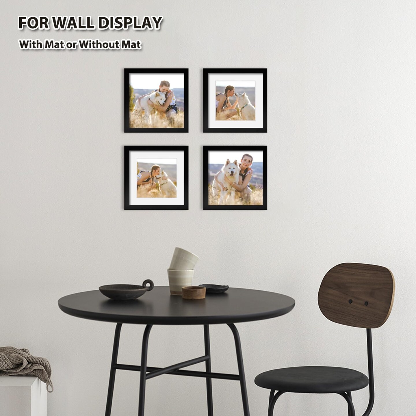 7x7 Picture Frame Black Set of 4, Wooden Square Photo Frames Matted 5x5 with Plexiglass for 5x5 with Mat or 7x7 without Mat for Table and Wall Display