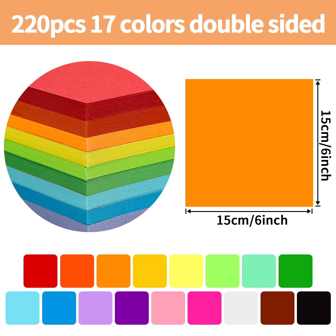 Praisebank Origami Paper, 220pcs 17 Colors 6x6 inch, Double Sided, Craft Kit with Guide.