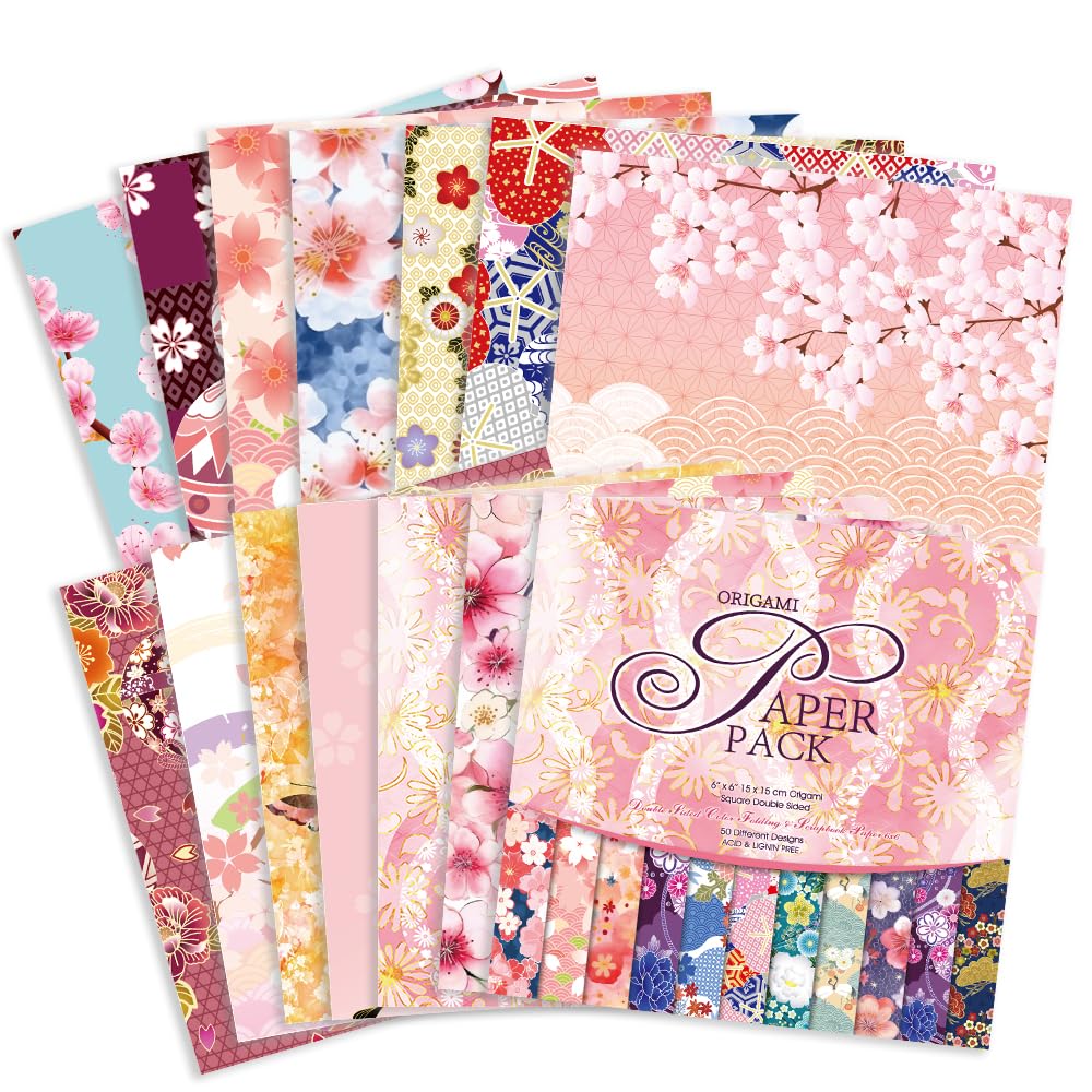 Origami Paper Kit 50 Sheets 70GSM 6 Inch Square Double Sided Color 50 Vivid Japanese Washi Chiyo Colors for Hand Crafts Origami Paper Arts Creativity.Japanese Sakuras