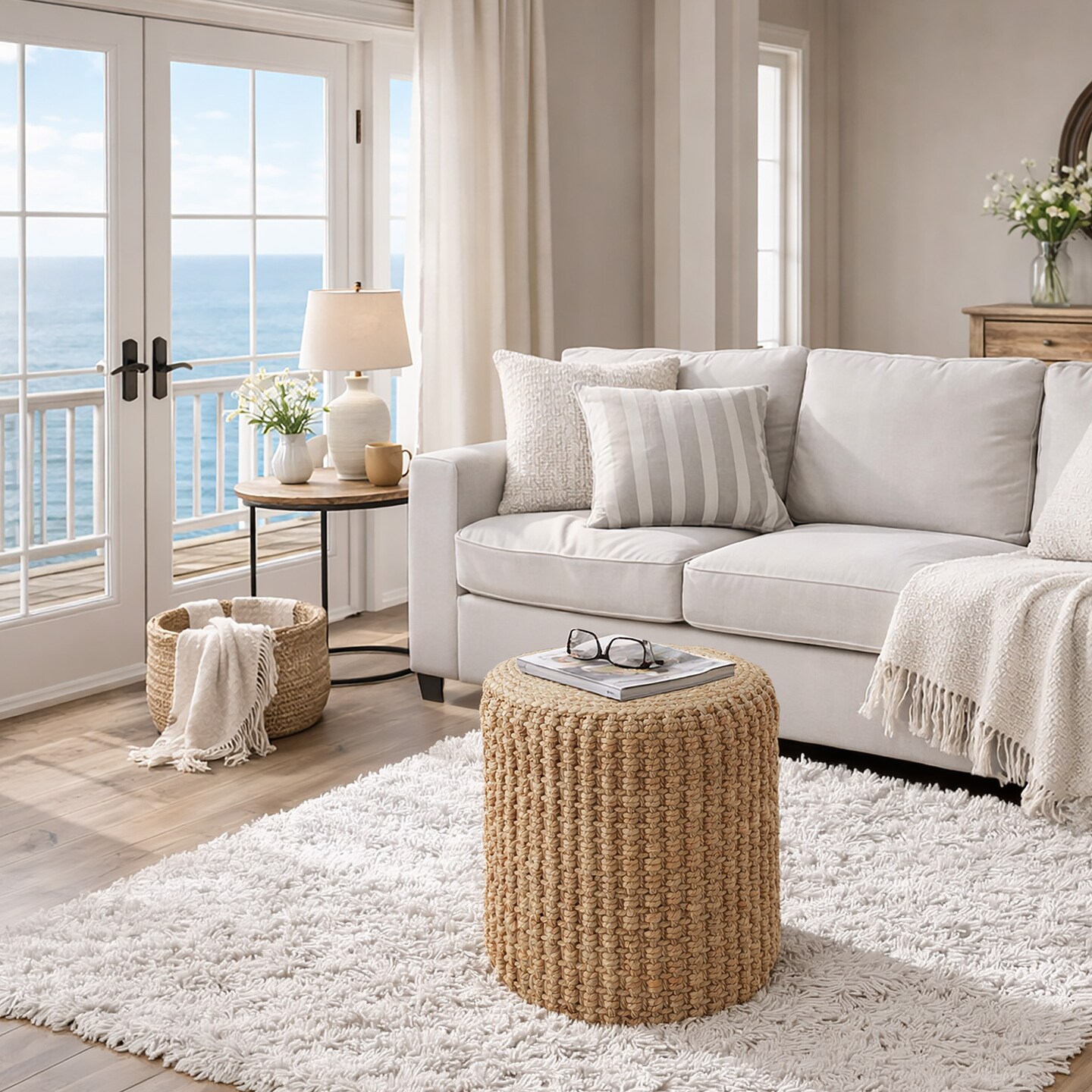 Casafield Handwoven Pouf Ottoman Footrest, Woven Seagrass Ottoman, Decorative Indoor Boho Home Accent for Living Room