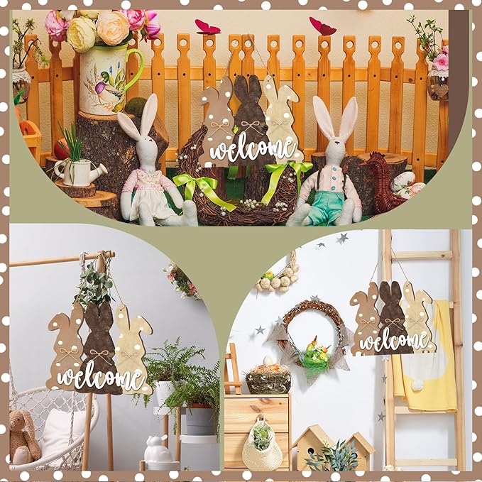 Easter Bunny Welcome Sign Wooden Door Decoration Wreath Hanging Plaque Farmhouse Home Front Porch Rabbit Sign With Bow for Shop Home Garden Spring Decor