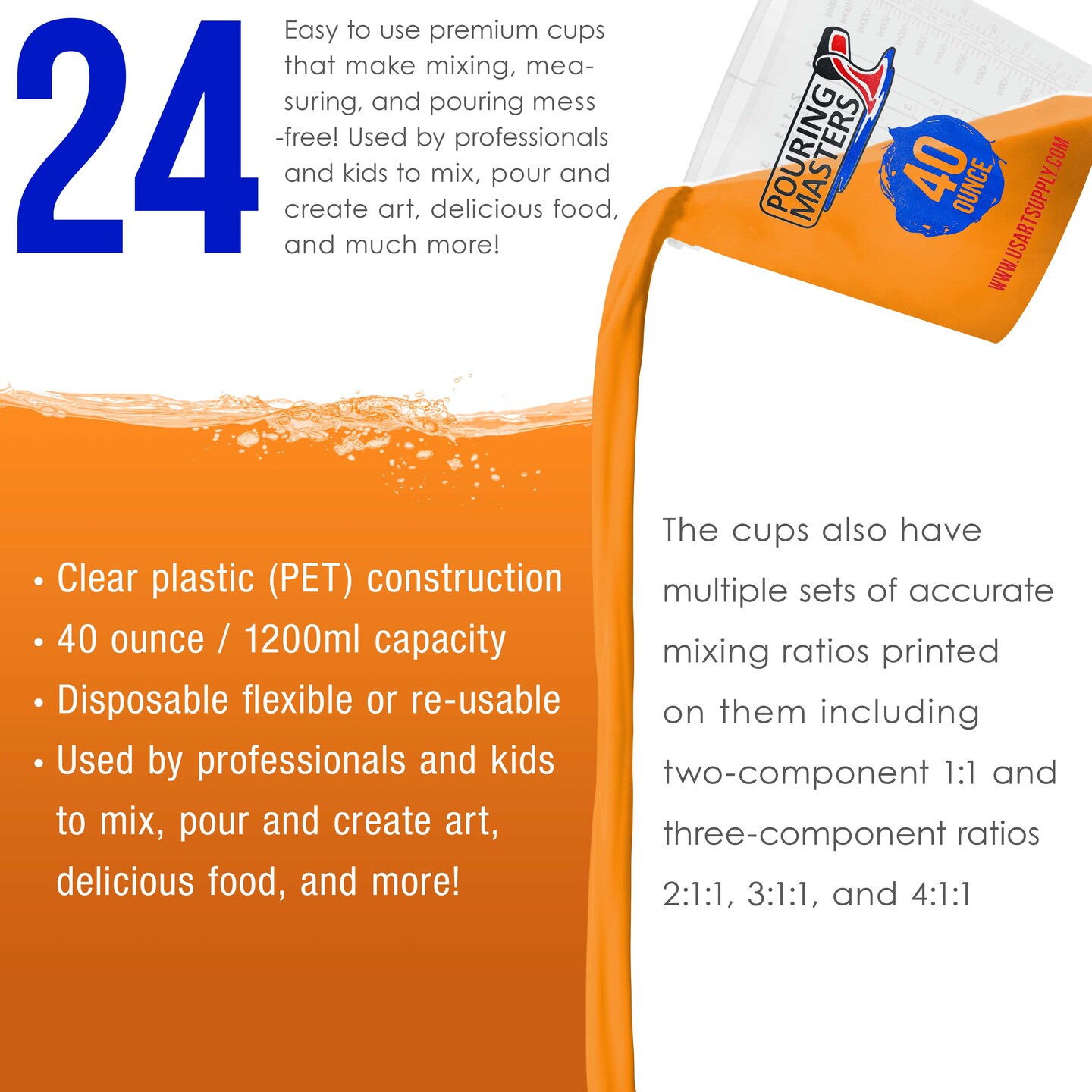 Pouring Masters 40 Ounce (1200ml) Graduated Plastic Mixing Cups (Box of 24) - Paint Mixing Cups for Epoxy Resin, Art, Kitchen, Baking - Measurements in OZ and ML, 4 Different Measuring Ratios 1:1