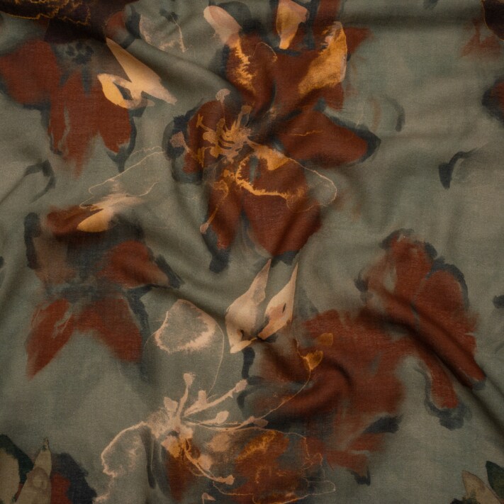 1 YardCotton Crepe Sage Green Burgundy and Creamsicle Orange Painted Flowers