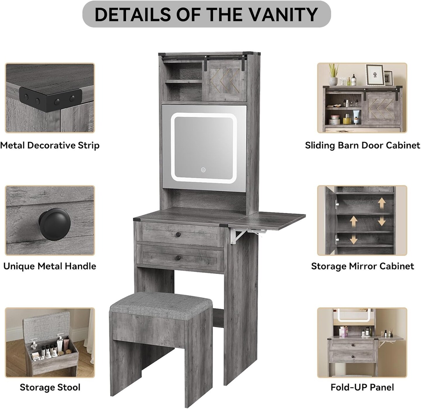 Farmhouse Small Vanity Desk Set with Mirror Cabinet Compact Makeup Vanities Set with 3 Adjustable Lights and Storage Chair for Compact Space, Gray Dressing Table with Fold-up Panel