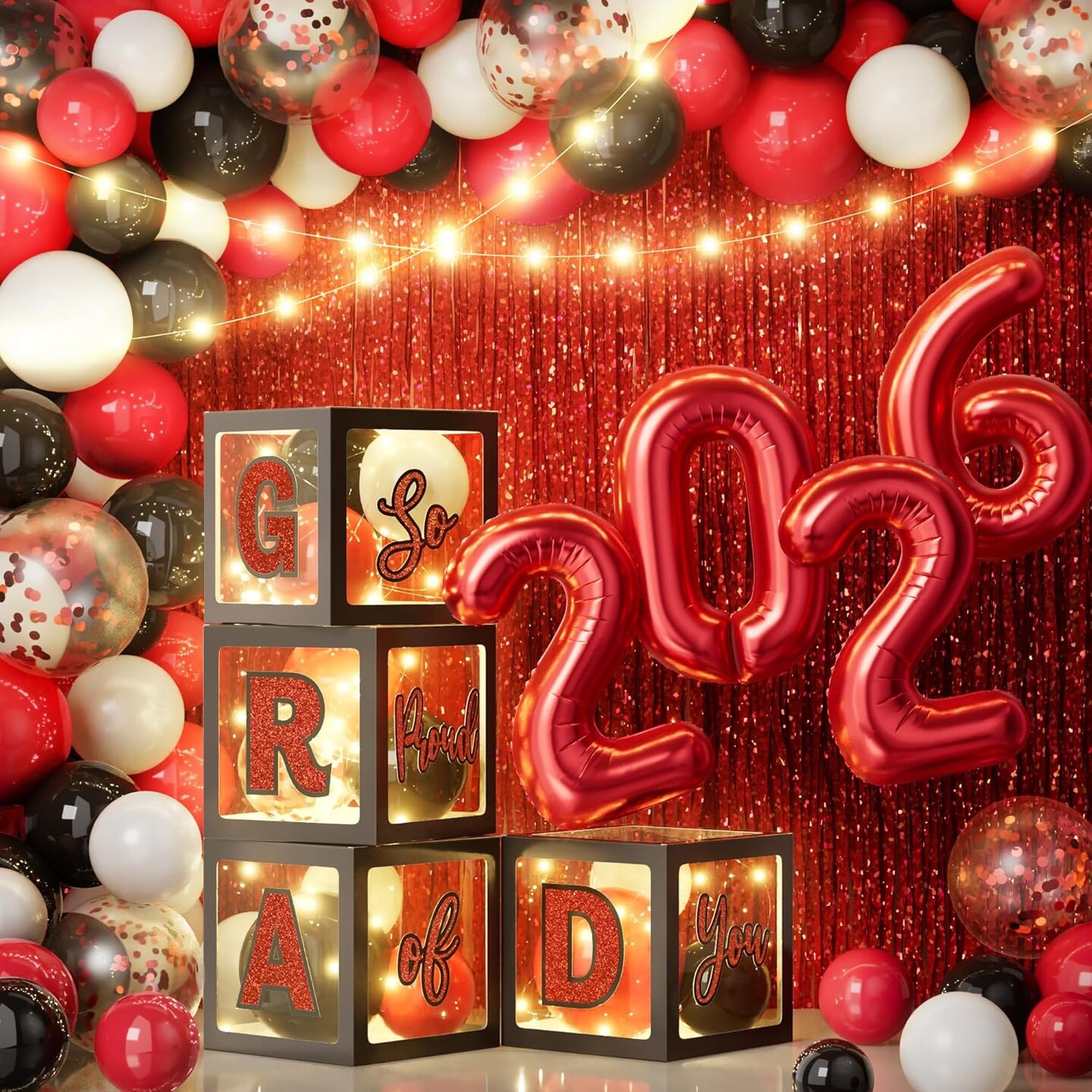 Graduation Party Decorations Class of 2026 – 86pcs Grad Supplies Kit with LED Light Strings, Balloon Block Letters, Foil Curtains, Backdrop & 2026 Balloon Garland – Black & Red