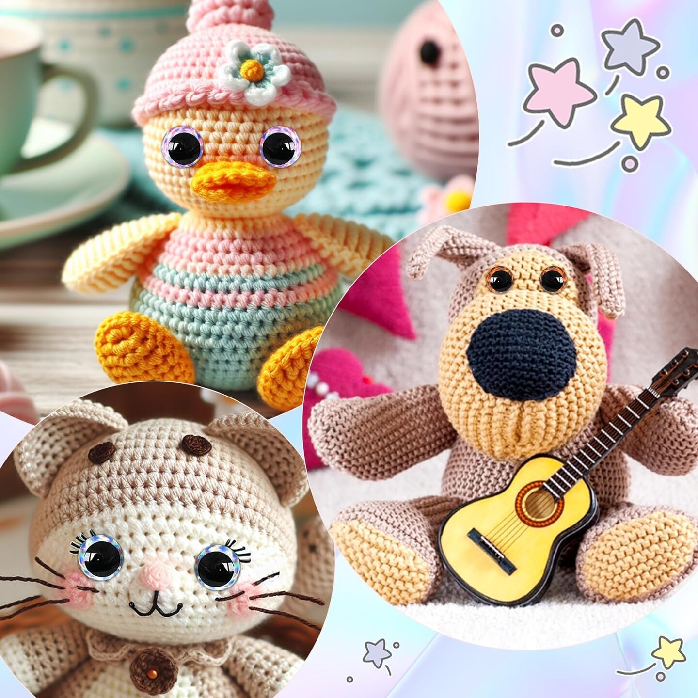 20pcs 30mm 3D Glitter Safety Eyes with Washers – Tie Dye & Laser Colors for Amigurumi, Crochet Dolls, Stuffed Animals, Easter Crafts & DIY Projects