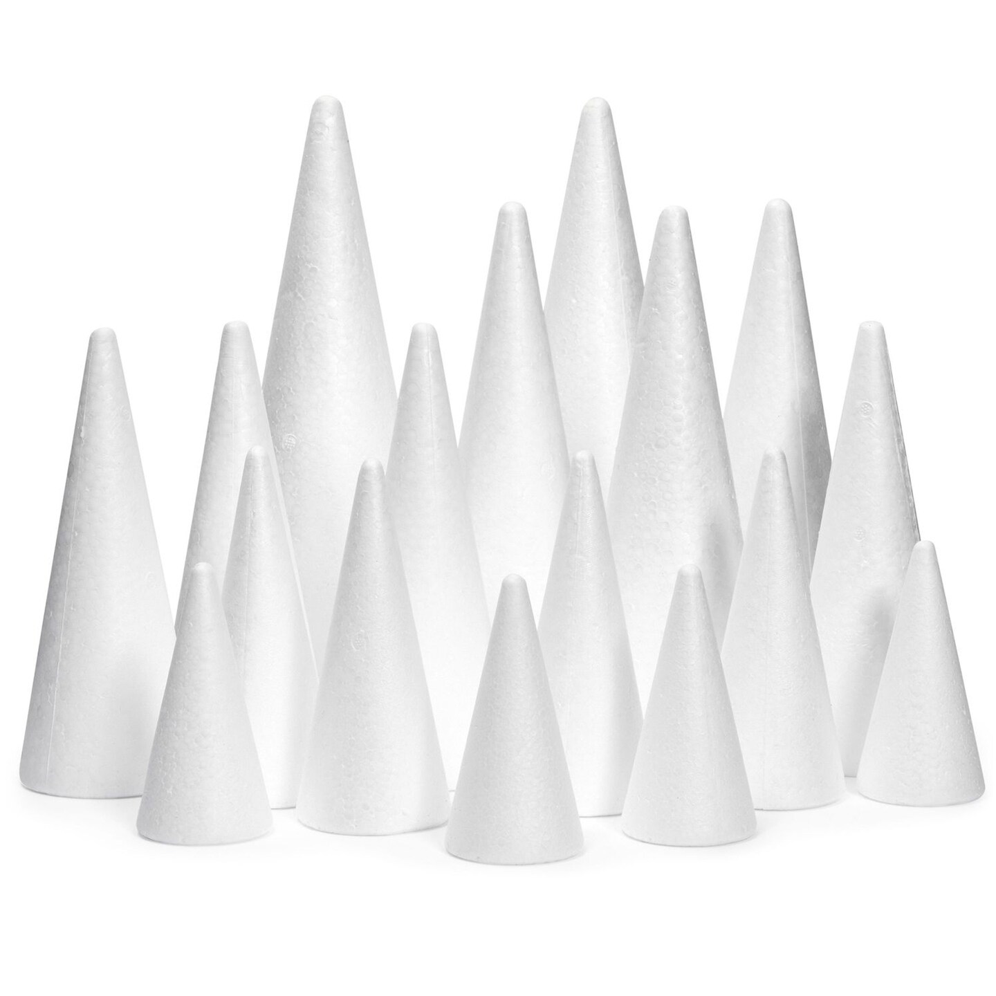 18 Pack Foam Cones for Crafts, 5 Assorted Sizes for Trees, Holiday Decorations, Handmade Gnomes (White, 4,6,8,10,12&#x22;)