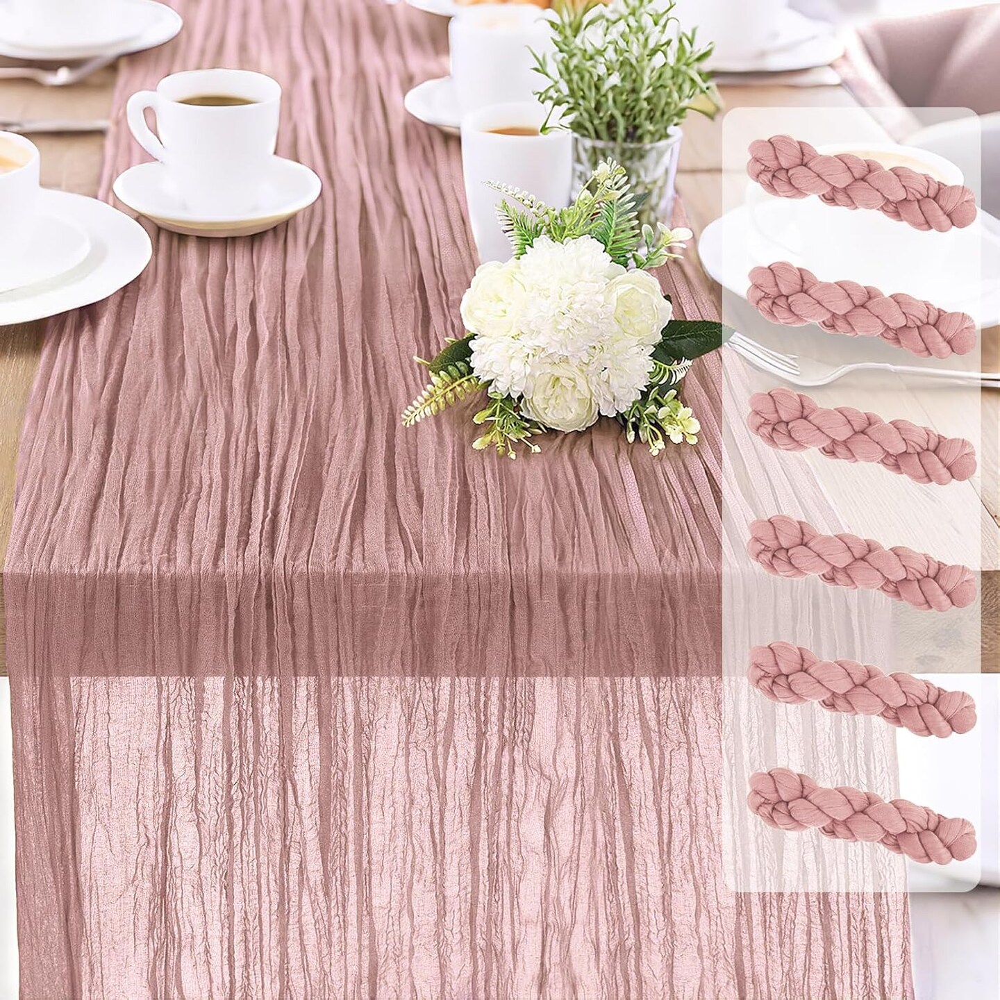 6-Pack Dusty Pink Cheesecloth Table Runners – 10FT (35x120 Inch) Boho Rustic Gauze Fabric for Weddings, Baby Showers, Bridal Shower, Farmhouse & Birthday Party Decor