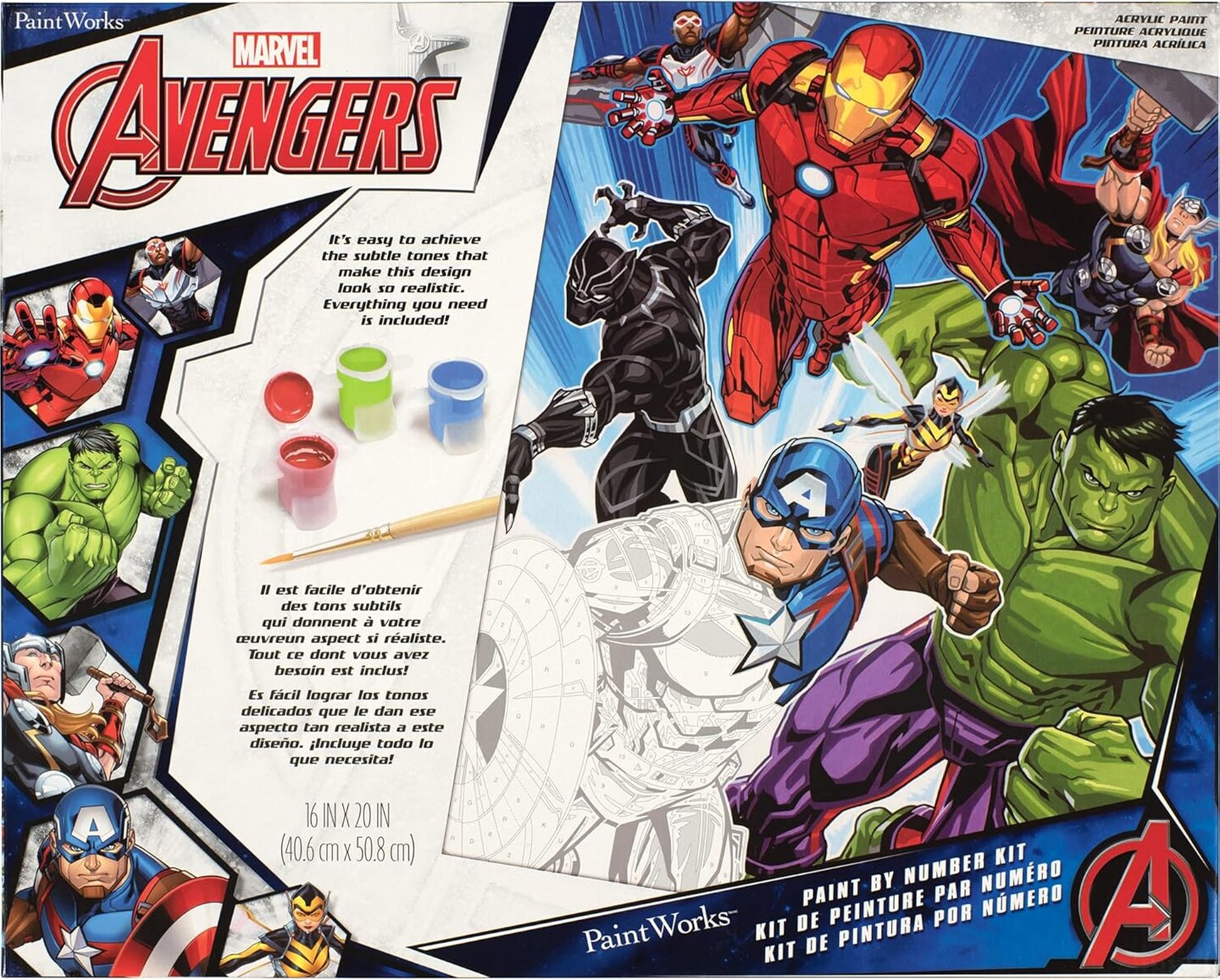 PaintWorks Marvel Avengers Paint by Numbers for Adults and Kids, Finished Project 16" x 20", Multicolor 21 Piece