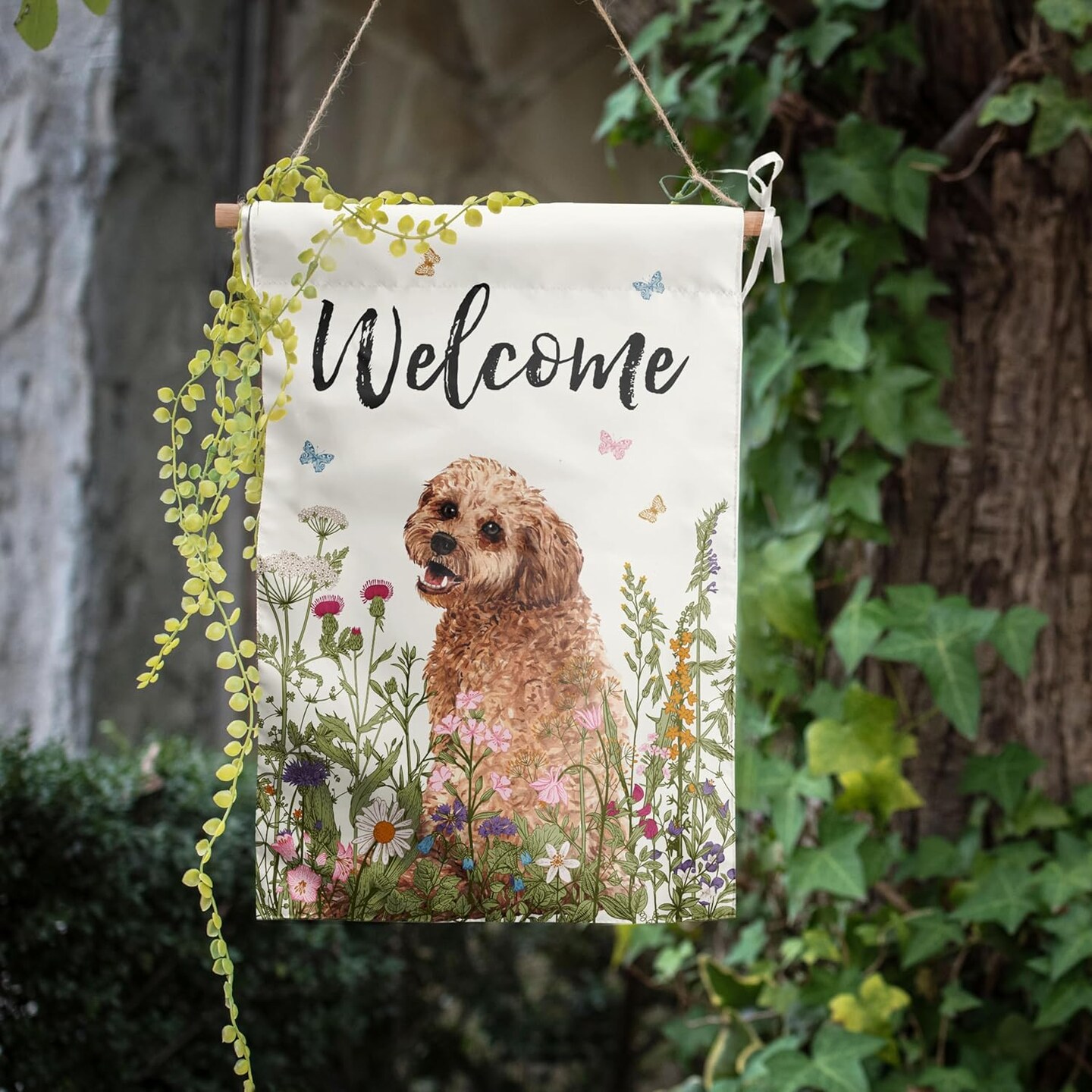 Spring Summer Garden Flag Floral Golden Doodle Puppy Yard Flag Flower Dog Garden Flags