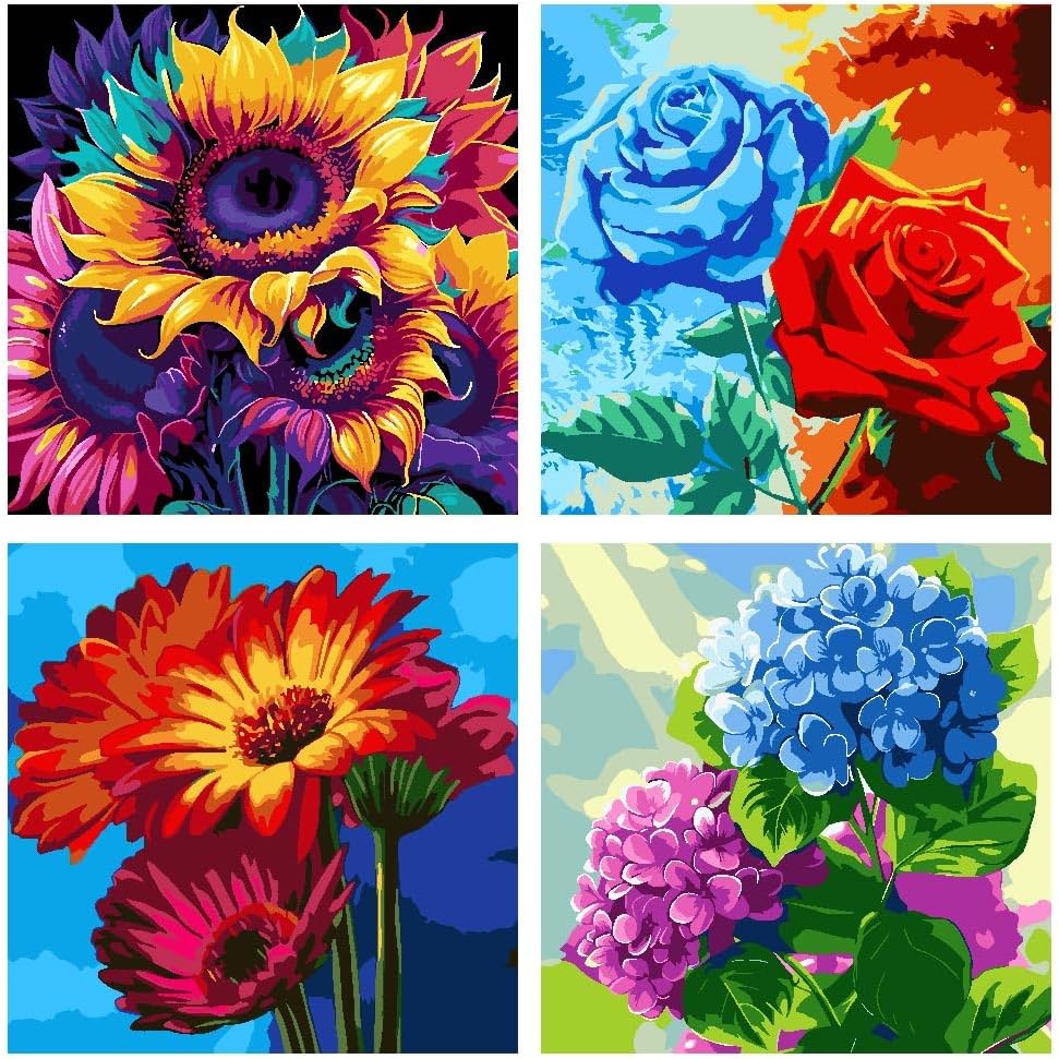 4 Pack Flowers Paint by Number Kits for Adults, Flower Adults&#x27; Paint-by-Number Kits, Sunflower Rose Daisy Hydrangea Acrylic Paint by Number Suitable for Home Decoration (Frameless,12x12inch)