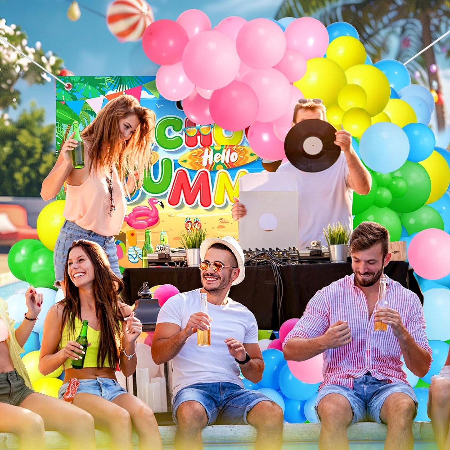 Summer Tropical Balloon Arch Garland Kit, 121Pcs Tropical Hawaiian Beach Pool Party Decorations with Backdrop, Pink Green Blue Yellow Latex Balloons for Hawaiian Luau Aloha Summer Birthday Supplies