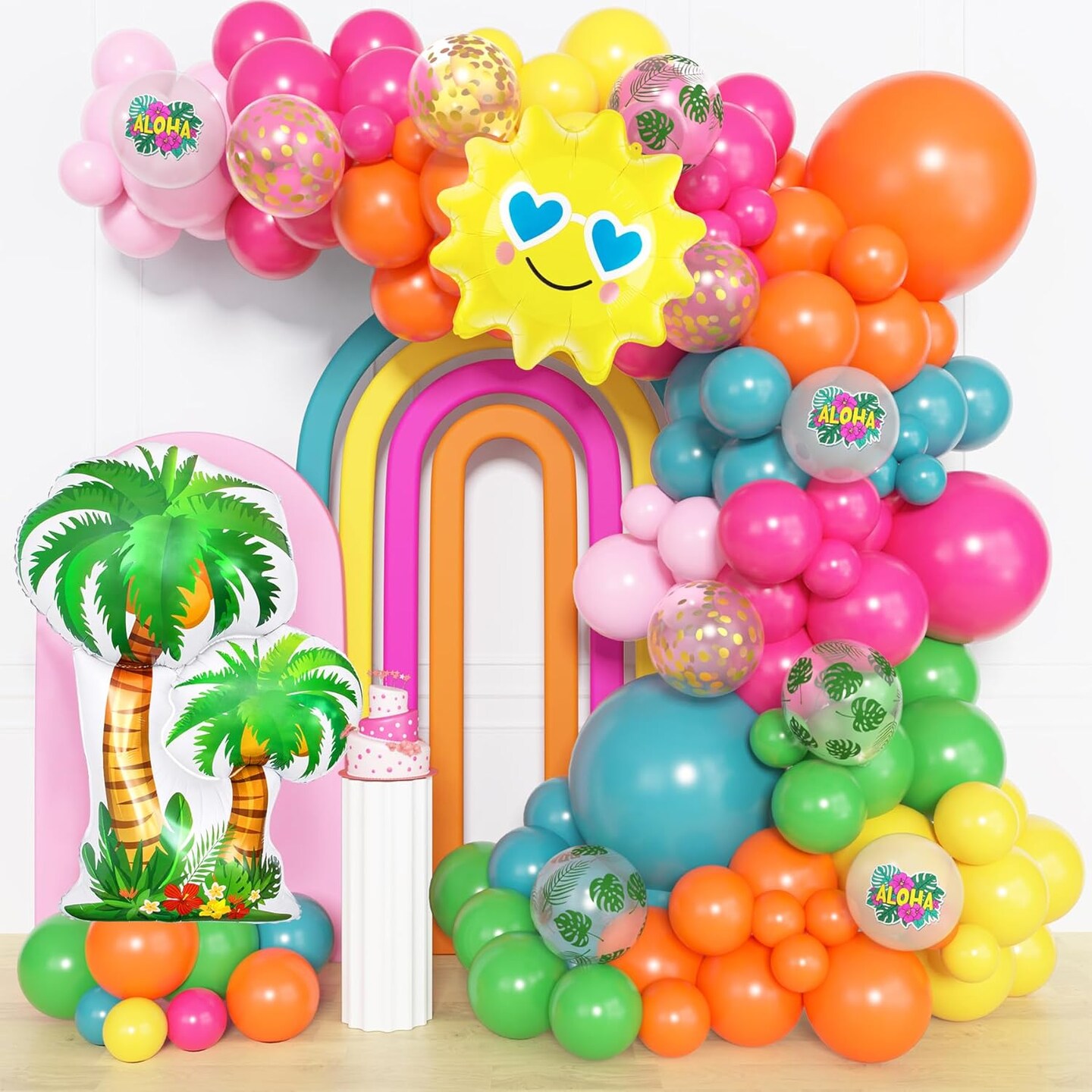 165Pcs Summer Tropical Balloon Arch Garland Kit, Hot Pink Green Orange Blue Yellow Foil Coconut Sun Palm Leaves Aloha Neon Rainbow Balloons for Hawaiian Luau Pool Birthday Party Decorations
