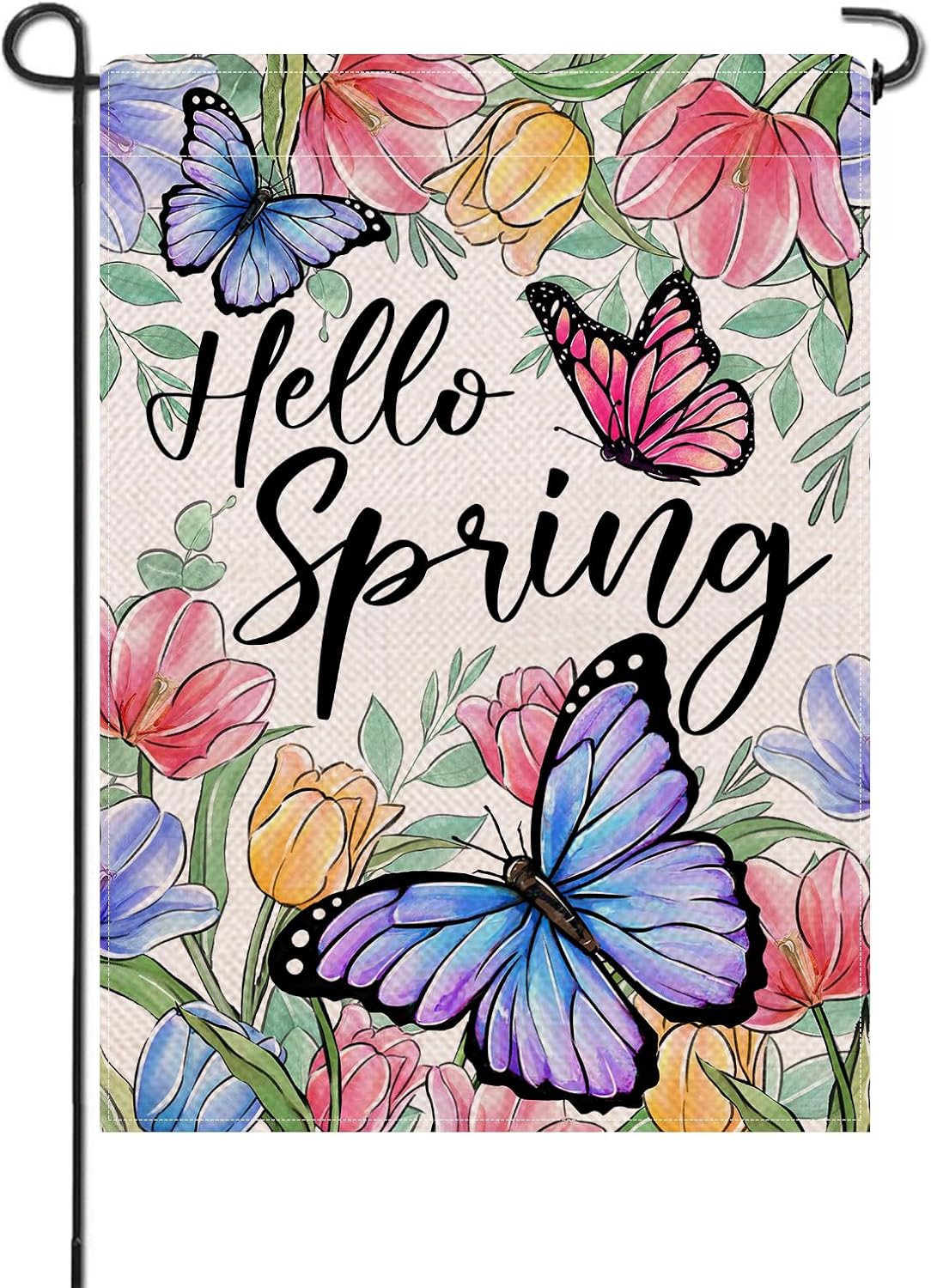 Hello Spring Butterfly Flower Small Decorative Garden Flag, Tulip Floral Eucalyptus Leaves Yard Lawn Outside Decor