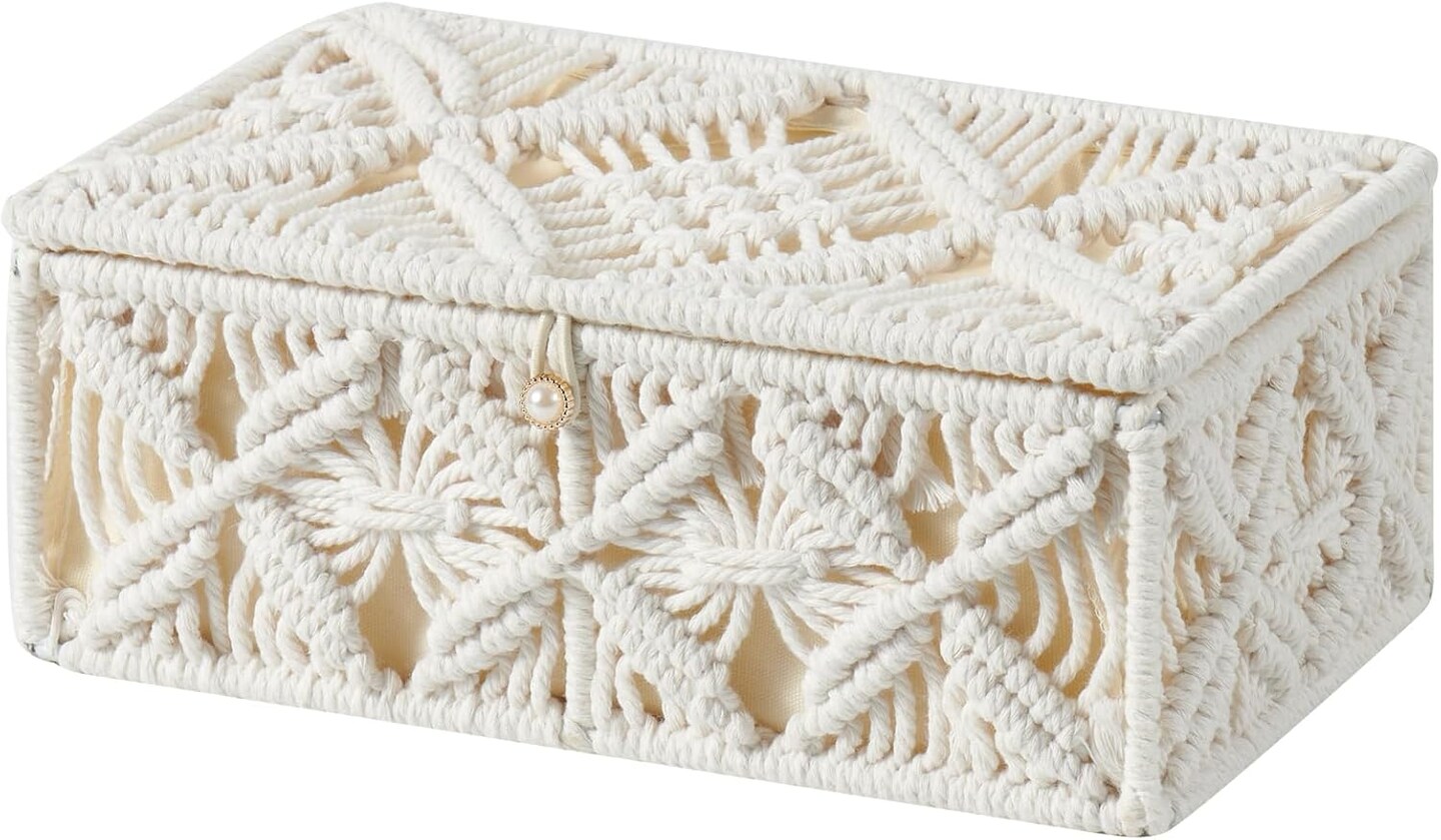 Decorative Boho Storage Baskets with Lid Bohemian Macrame (Off White, Small)