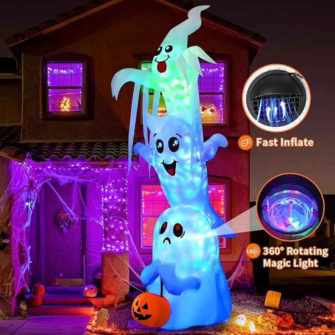 GOOSH 9.8 FT High Halloween Inflatable Overlap Ghost with Built-in LEDs (Three Ghosts)