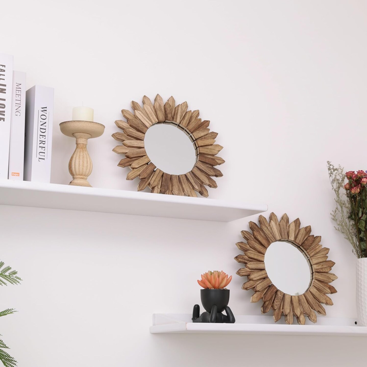 2 Pack Boho Wall Decor Sunburst Mirror, Rustic Round Wood, 12 inch