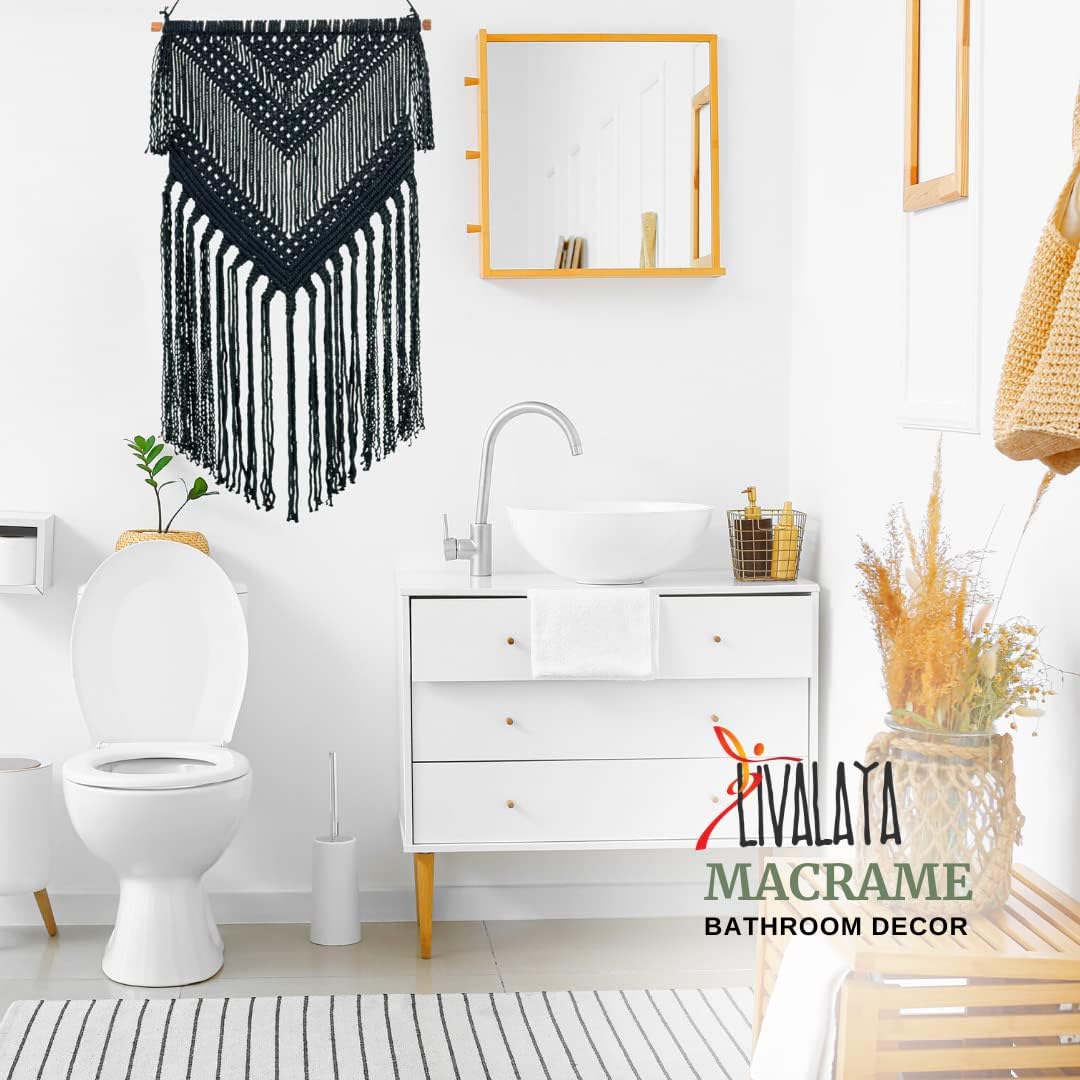 Boho Black Macrame Woven Wall Hanging - Black 16 in x 36 in Modern Bohemian Tapestry wall Art Decor