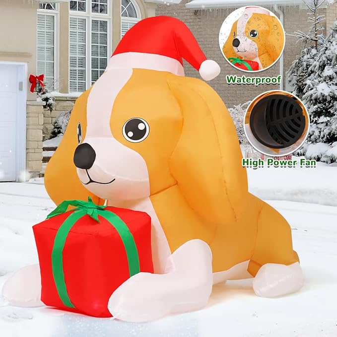 GOOSH 5 FT Long Christmas Inflatables Dog Cute Puppy with a Present Box with Built-in LEDs