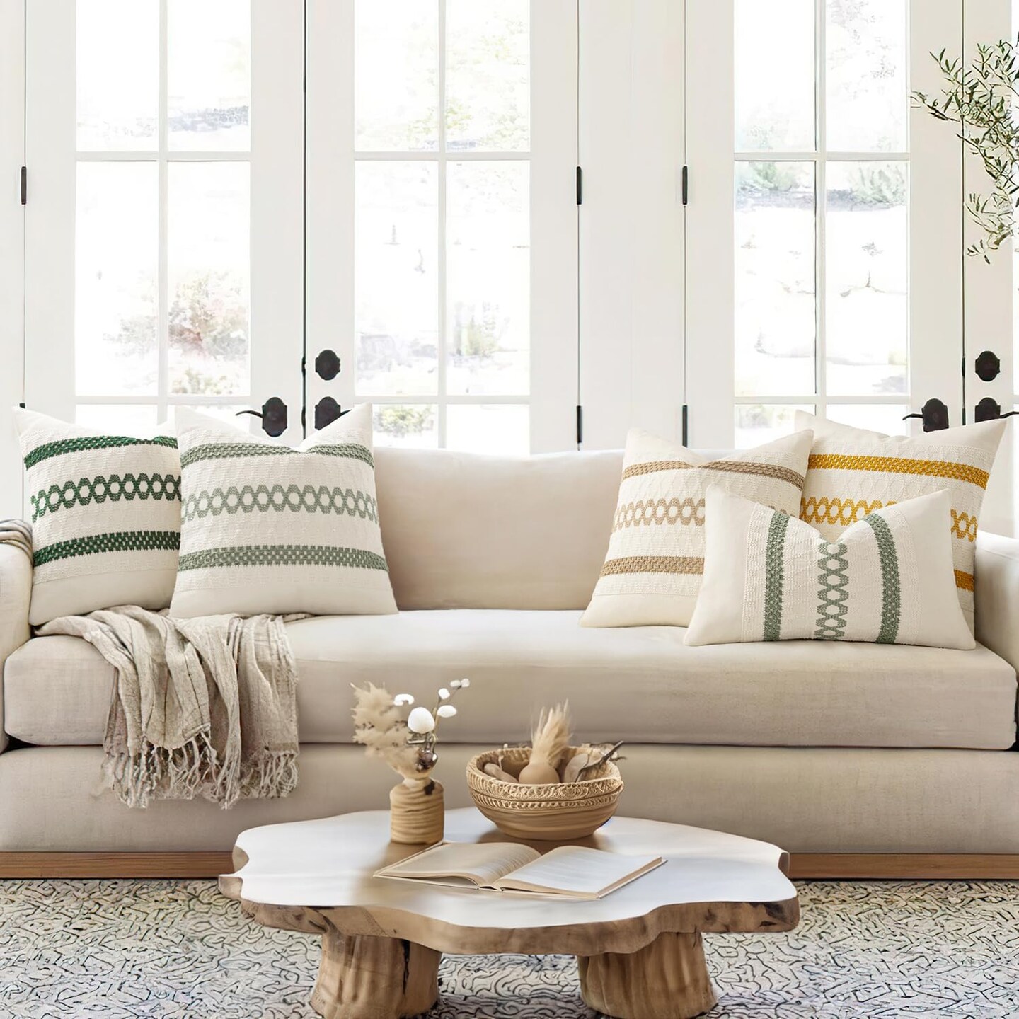 Set of 2 Sage Green Boho Decorative Pillow Covers 12x20 Inch Farmhouse Rustic Couch Throw Pillows