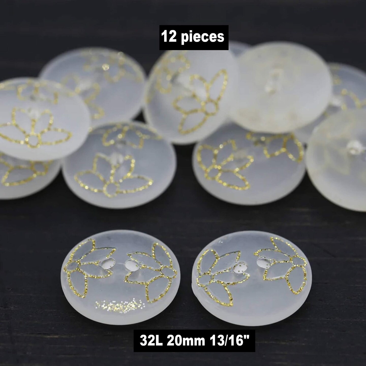 12 Pieces Clear Frosted Gold Glitter Tulip Design Buttons 13/16 Inch