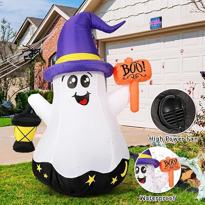 GOOSH 5 FT Halloween Inflatables Cute Wizard Ghost with Hand-Held Light and Built-in LEDs