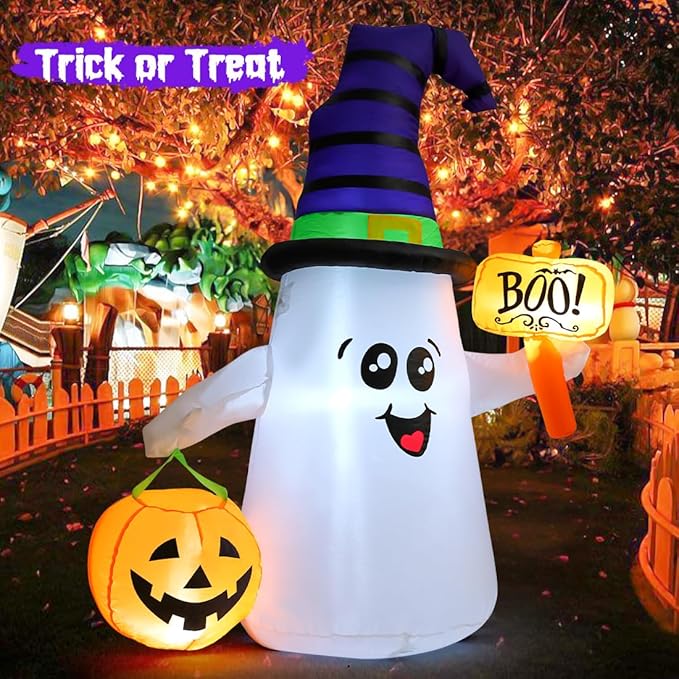 GOOSH 5FT Inflatable Halloween Cute Ghost with The Pumpkin and Built-in LEDs