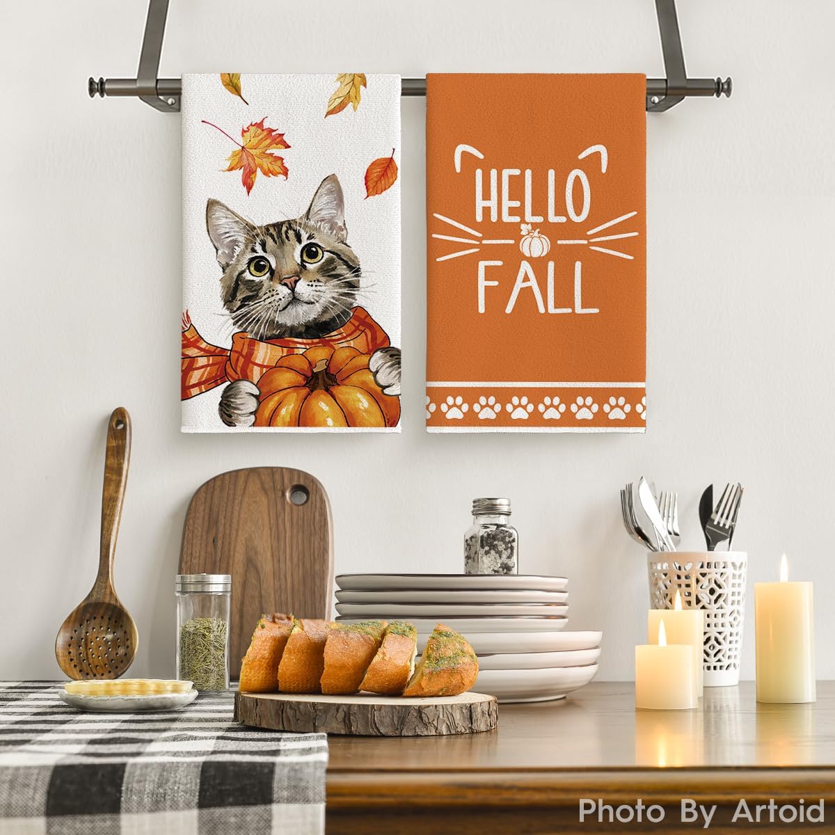 Cat Pumpkin Hello Fall Kitchen Towels Dish Towels