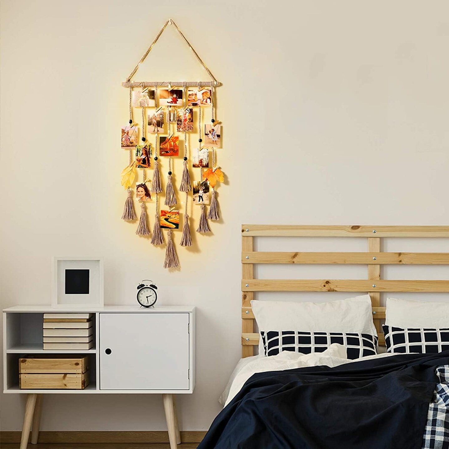 Gray Macrame Hanging Photo Display Wall Decor with Remote Light 30 Clips