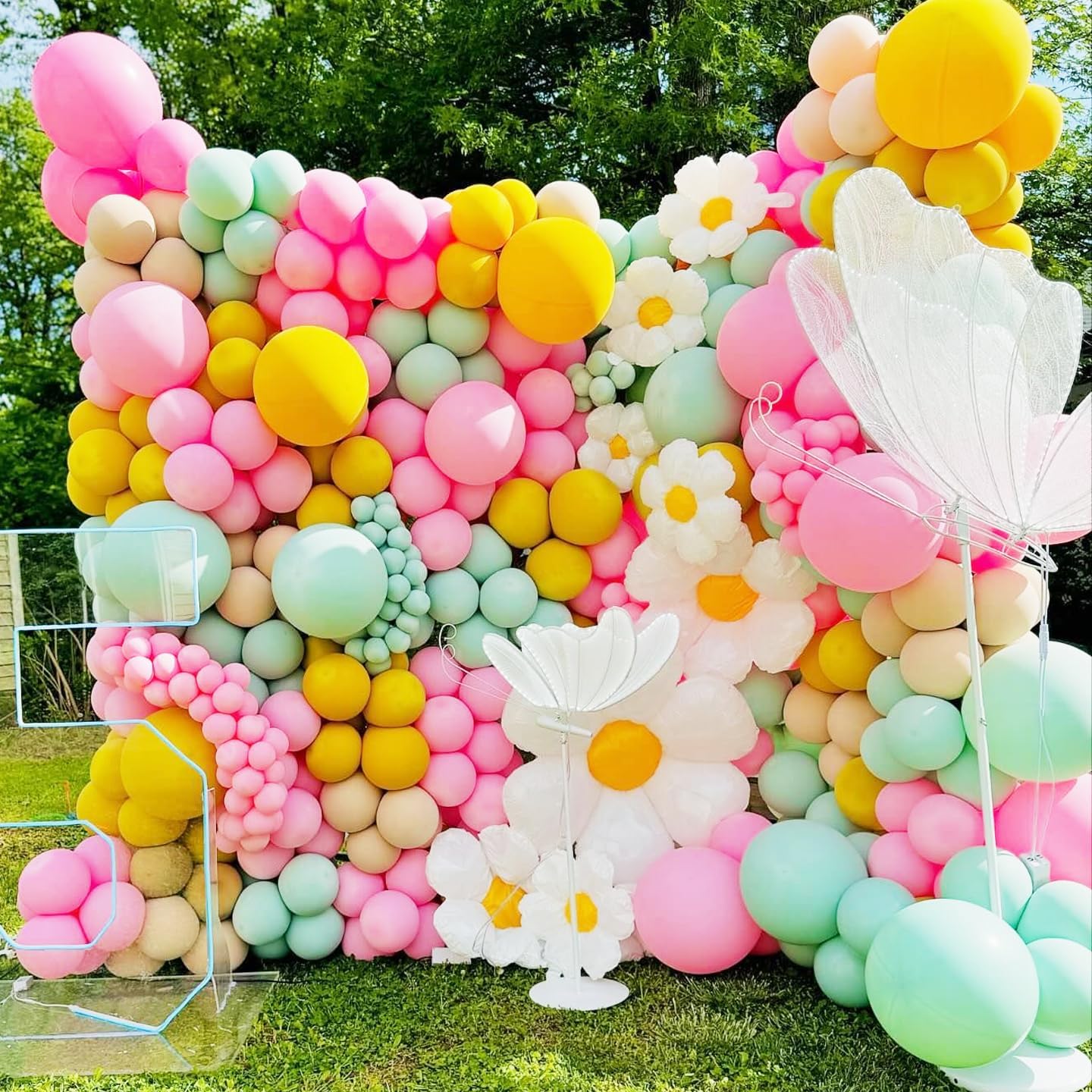 Pastel Daisy Balloon Garland Arch Kit,180Pcs Flower Balloon (Pastel Pink Green Yellow)