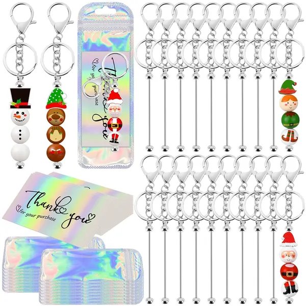 60 PCS Beadable Keychain Bar Bulk – Silver DIY Beaded Keychain Blanks with Cards & Bags for Crafting & Personalized Gifts