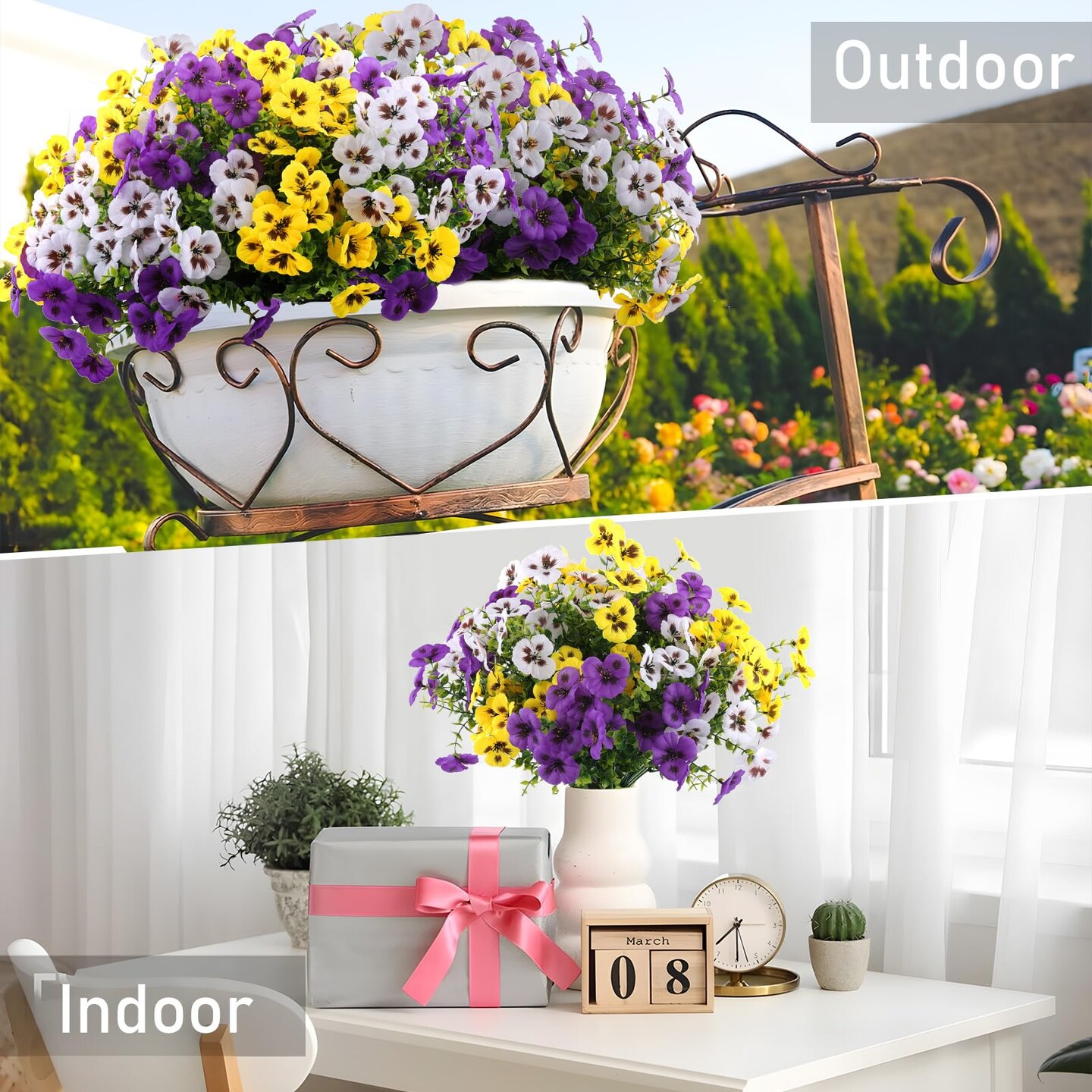 18 Pcs Artificial Fake Pansy Flowers for Outdoor, Faux Silk Pansies Spring Flowers for Outside for Planter Front Door Porch Yard Patio Window Box Home Decor (18, Purple, Yellow, White)