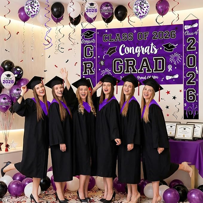 Class of 2026 Graduation Decorations - Purple & Black Congrats Grad Party Kit: Fabric Backdrop, Porch Signs, 2026 Foil Balloons & Hanging Swirls - Complete High School & College Set