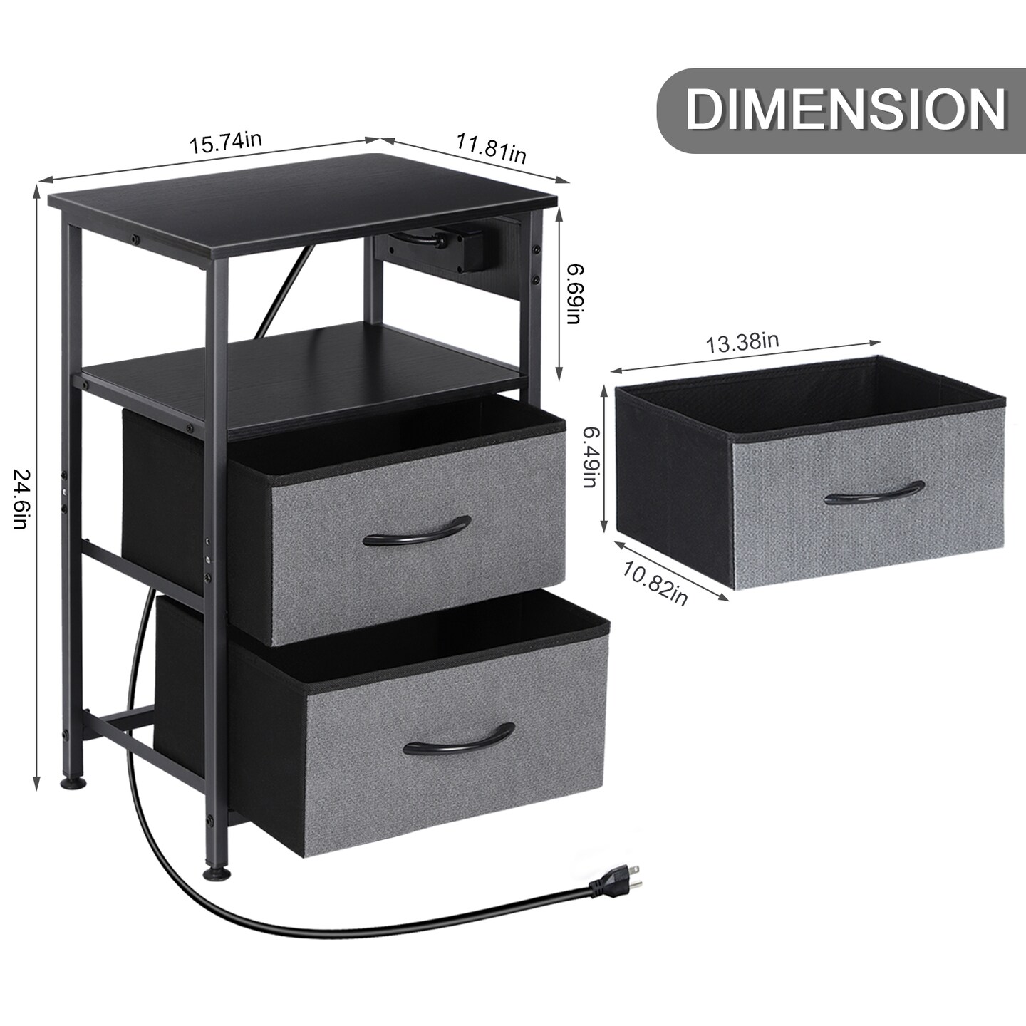 Nightstand with Charging Station, 24.6" Bedside Table with Fabric Drawers & USB Ports