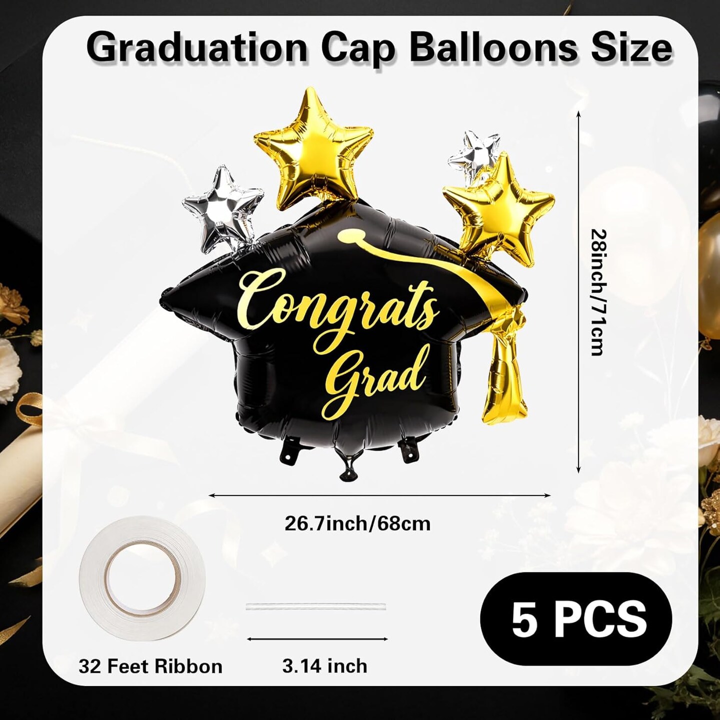 Graduation Party Balloons – 5-Piece Large Black & Gold Graduation Cap Foil Balloon Set (28”) for Class of 2026 Graduation Decorations & Party Displays
