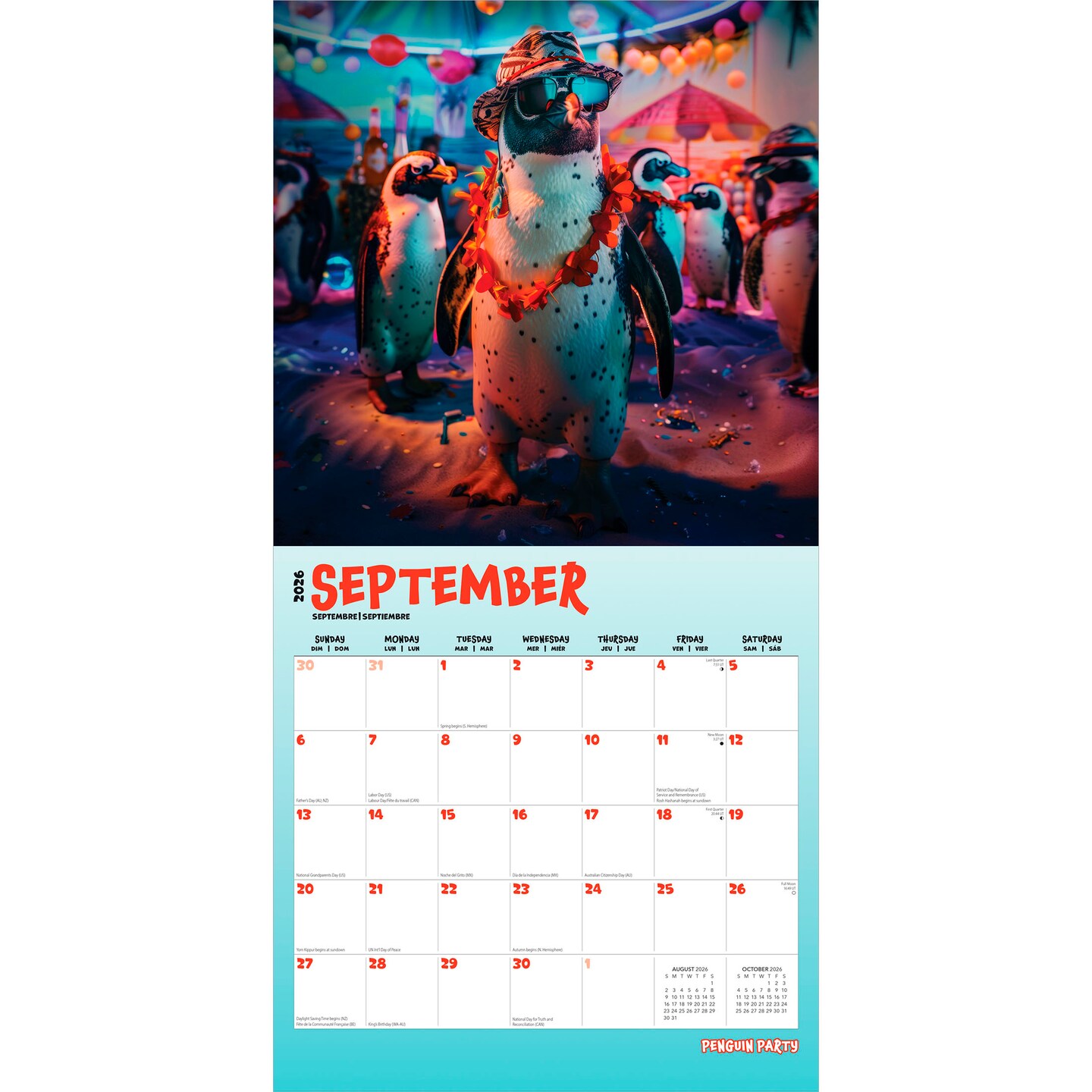 Penguin Party | 2026 12 x 24 Inch (Hanging) Monthly Square Wall Calendar | Plastic-Free | BrownTrout | Pets Funny Animals Birds