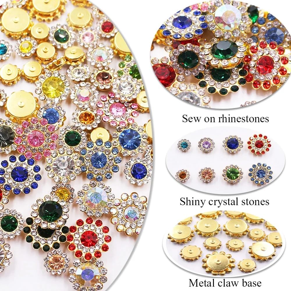 100pcs Sew-On Rhinestones – Mixed Glass Crystals with Metal Claw, 8-14mm, Sunflower Design for Sewing, Jewelry, Headbands, Clothes, Shoes & Belts