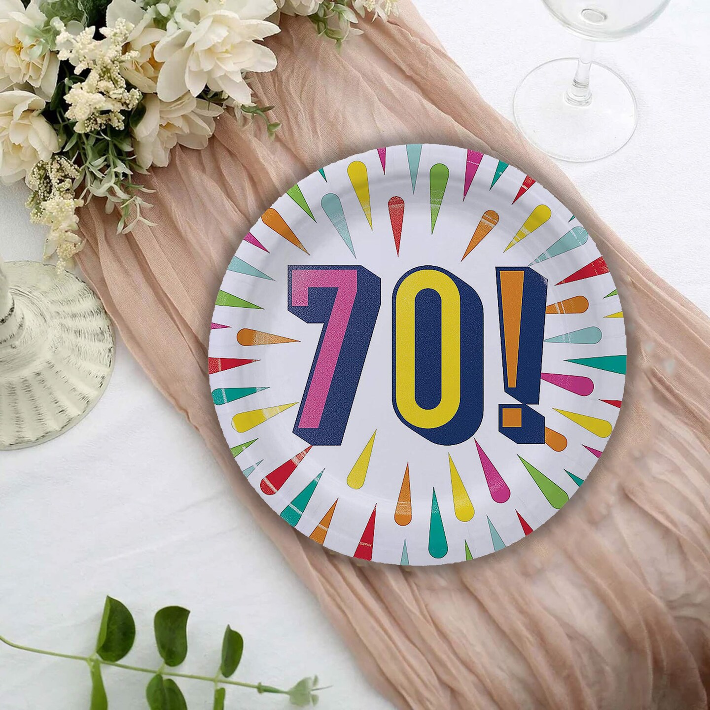 8 Count 70th Birthday Burst Paper Dessert Plates 7 Inch Milestone Celebration Party Supplies