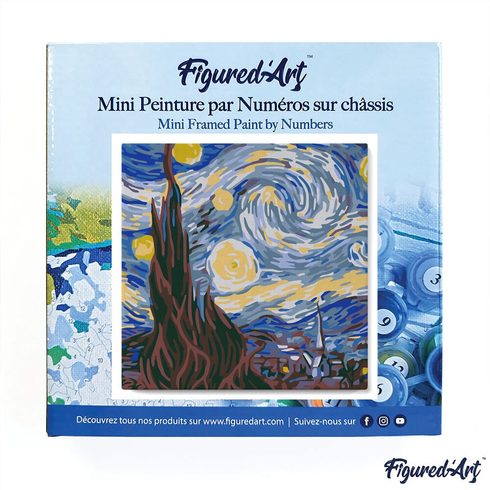 Figured'Art Mini Paint by Numbers Kit for Adults with Frame Van Gogh Starry Night Small format 8"x8" - Craft Art Painting DIY Canvas Already Stretched on a Wooden Frame