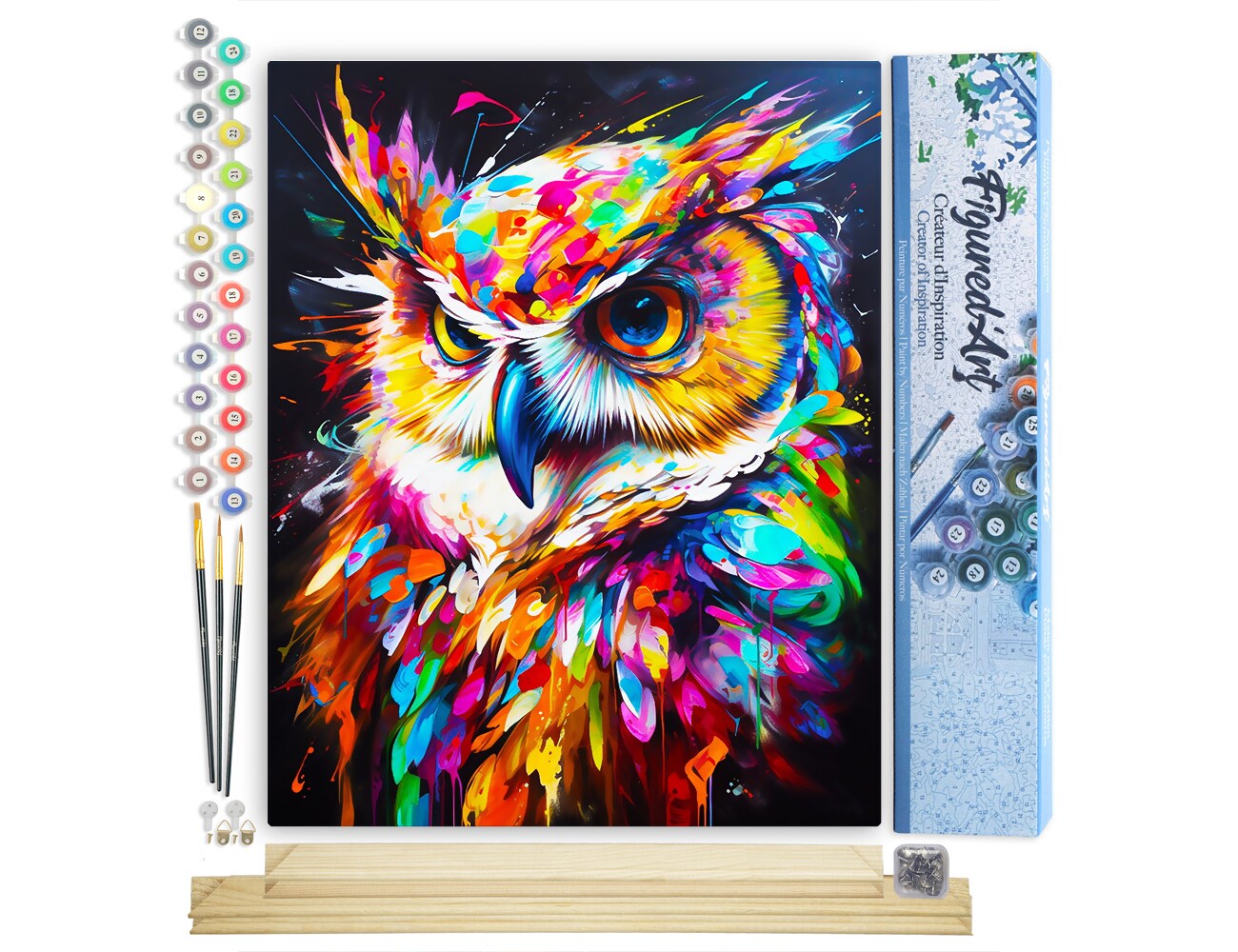 Figured&#x27;Art Paint by Number for Adults Colorful Abstract Owl 16&#x22;x20&#x22; - Craft Art Painting Rolled Canvas with DIY Wooden Frame